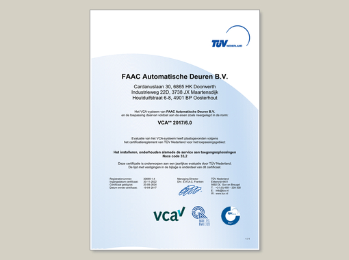 VCA** (VCA2) certificaat (FAACAutomatische Deuren)