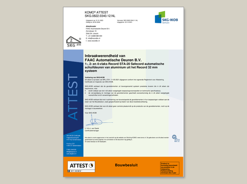Certificaat inbraakwerende schuifdeur Safecord 20 WK2