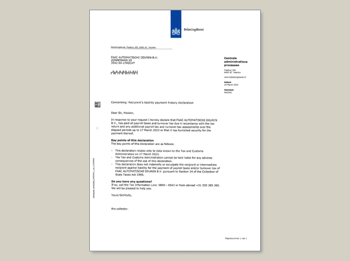 Verklaring Belastingdienst (WKA) FAAC Automatische Deuren (EN)