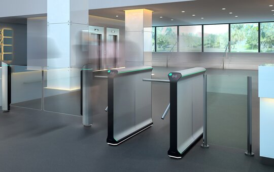 toegangscontrole met extra ruime doorgangsbreedte geschikt voor piekdrukte, bezoeker met en zonder bagage, goederenlevering en als rolstoelvriendelijke toegang Magnetic FlowMotion mSwing